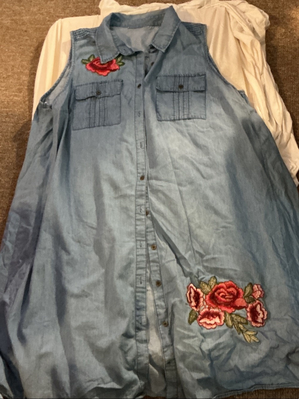 Avenue Light Blue Denim Midi Dress with Rose Embroidery